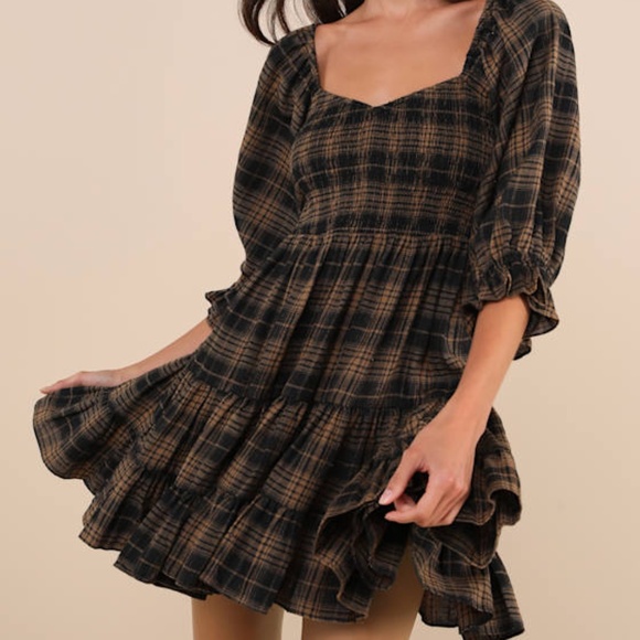 Lulus Dresses & Skirts - Lulus No One Cuter Black And Tan Plaid Puff Sleeve Tiered Mini Dress - Size S